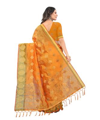 Yellow woven organza saree with blouse 2