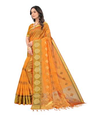 Yellow woven organza saree with blouse 3