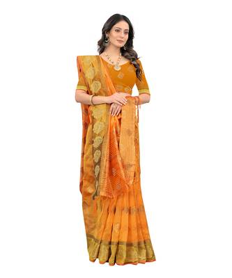 Yellow woven organza saree with blouse 4