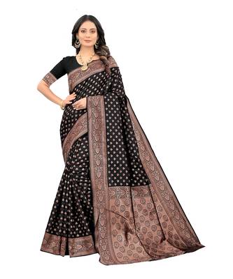 Black woven silk blend saree with blouse 1