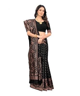 Black woven silk blend saree with blouse 3