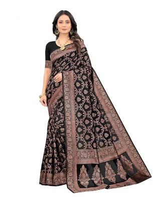 Black woven silk blend saree with blouse 1