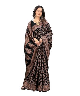 Black woven silk blend saree with blouse 3