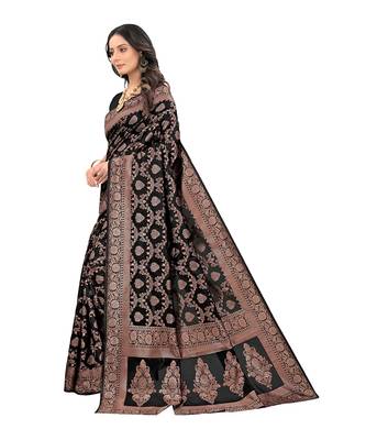 Black woven silk blend saree with blouse 4