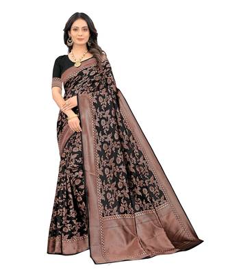 Black woven silk blend saree with blouse 1