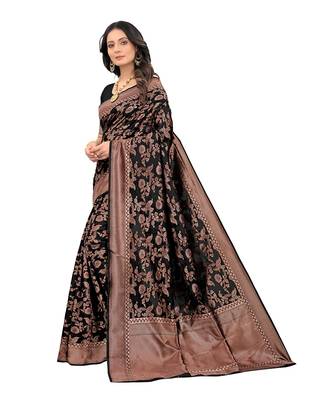 Black woven silk blend saree with blouse 4