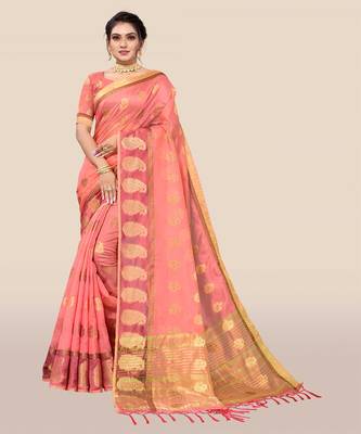 Peach woven organza saree with blouse 1