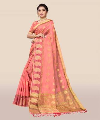 Peach woven organza saree with blouse 3