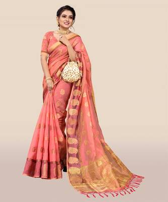 Peach woven organza saree with blouse 4