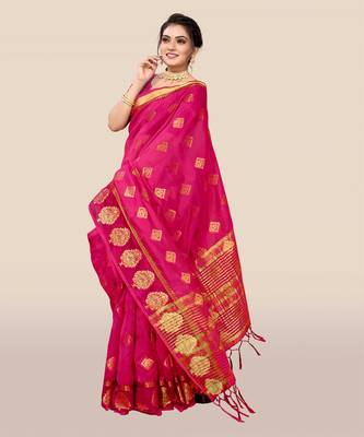 Pink woven organza saree with blouse 4