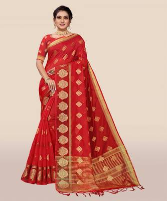 Red woven organza saree with blouse 1