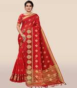 Red woven organza saree with blouse