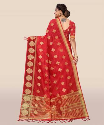 Red woven organza saree with blouse 2