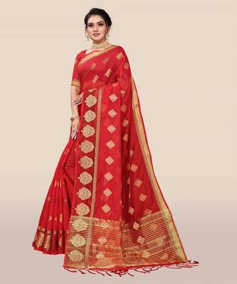 Red woven organza saree with blouse 3