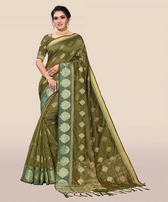 Olive woven organza saree with blouse 1