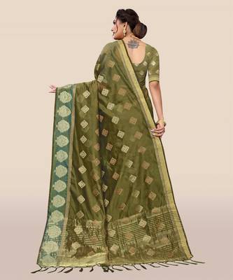 Olive woven organza saree with blouse 2