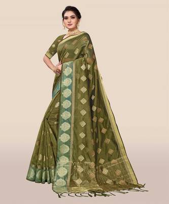 Olive woven organza saree with blouse 3
