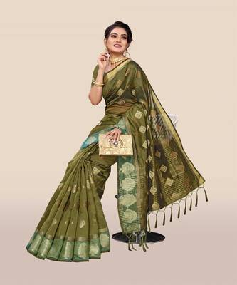Olive woven organza saree with blouse 4