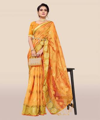 Orange woven organza saree with blouse 4