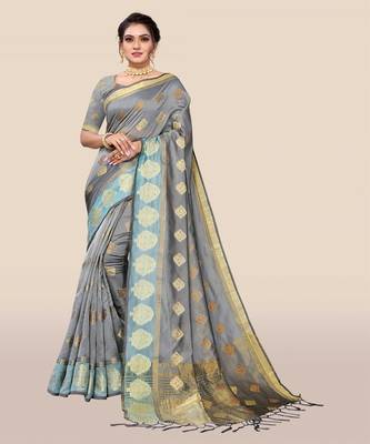 Grey woven organza saree with blouse 1
