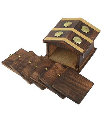 Wooden & Brass Antique Hut Shape Coaster Set Home Decor Gift Item 2