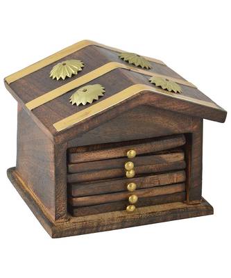 Wooden & Brass Antique Hut Shape Coaster Set Home Decor Gift Item 3
