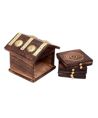 Wooden & Brass Antique Hut Shape Coaster Set Home Decor Gift Item 4