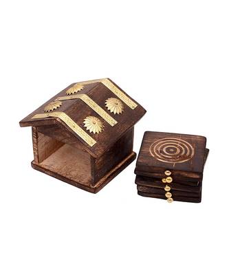Wooden & Brass Antique Hut Shape Coaster Set Home Decor Gift Item 5