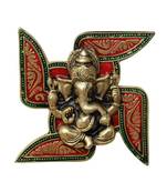 Ganesha Placed on Swastik Aluminium Metal Wall Hanging
