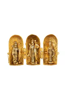 Gold Plated Metal Hindu God Lord Ram Darbar in A Folding Round Box