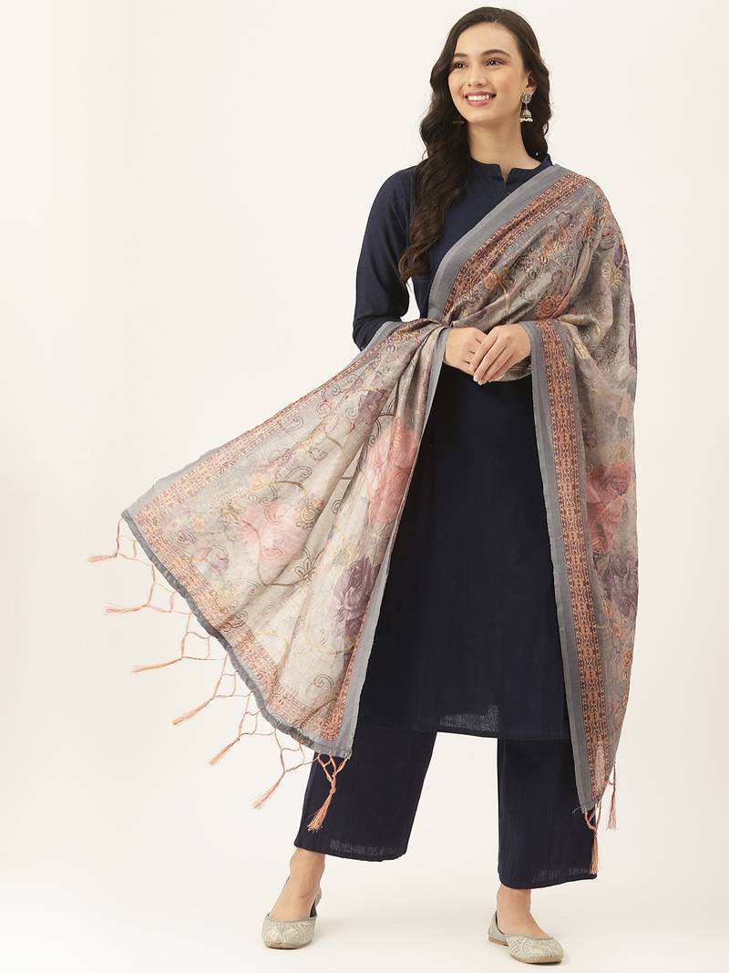 Women's Grey Cotton Blend Embroidered Printed Dupatta
