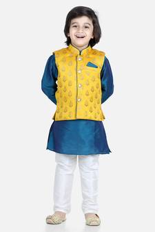 BownBee 3 Piece Jacquard Jacket Silk Kurta Pajama for Boys-Yellow