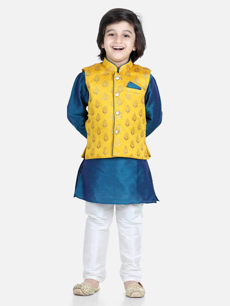 BownBee 3 Piece Jacquard Jacket Silk Kurta Pajama for Boys-Yellow