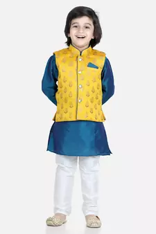BownBee 3 Piece Jacquard Jacket Silk Kurta Pajama for Boys-Yellow