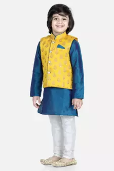 BownBee 3 Piece Jacquard Jacket Silk Kurta Pajama for Boys-Yellow