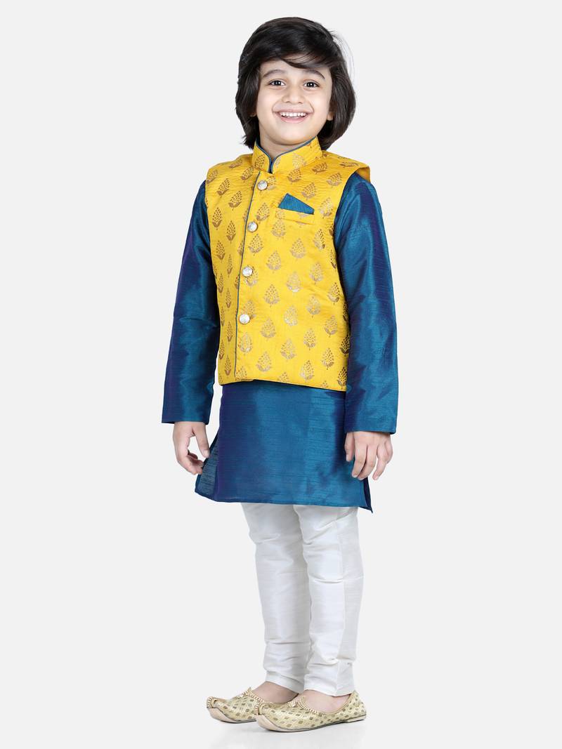 BownBee 3 Piece Jacquard Jacket Silk Kurta Pajama for Boys-Yellow