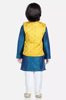 BownBee 3 Piece Jacquard Jacket Silk Kurta Pajama for Boys-Yellow