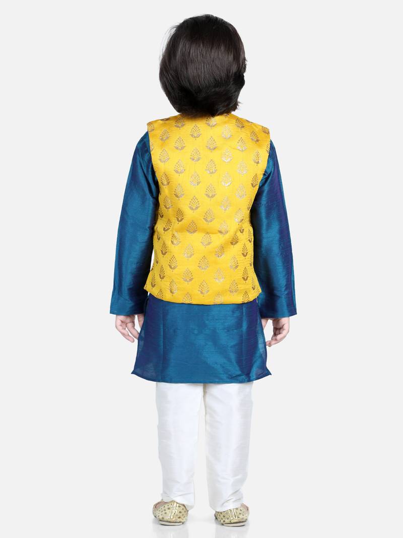 BownBee 3 Piece Jacquard Jacket Silk Kurta Pajama for Boys-Yellow