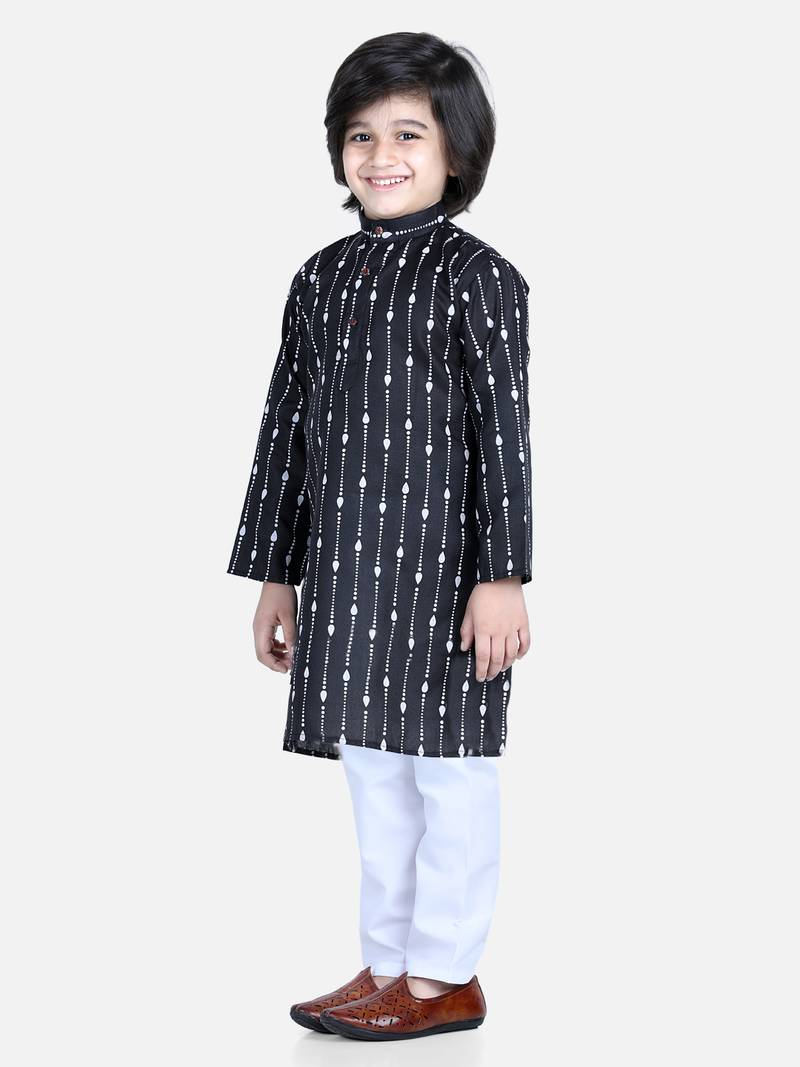 BownBee Printed Full Sleeve Cotton Kurta Pajama for Boys- Black