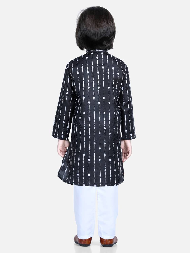 BownBee Printed Full Sleeve Cotton Kurta Pajama for Boys- Black