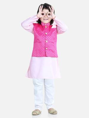 BownBee Attached Jacquard Jacket Kurta Pajama for Boys- Baby Pink 1