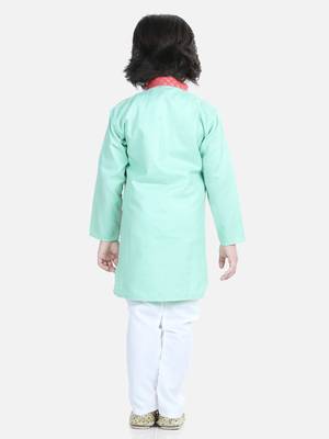 BownBee Attached Jacquard Jacket Kurta Pajama for Boys- Green 2
