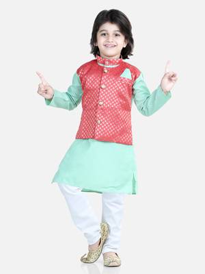 BownBee Attached Jacquard Jacket Kurta Pajama for Boys- Green 3