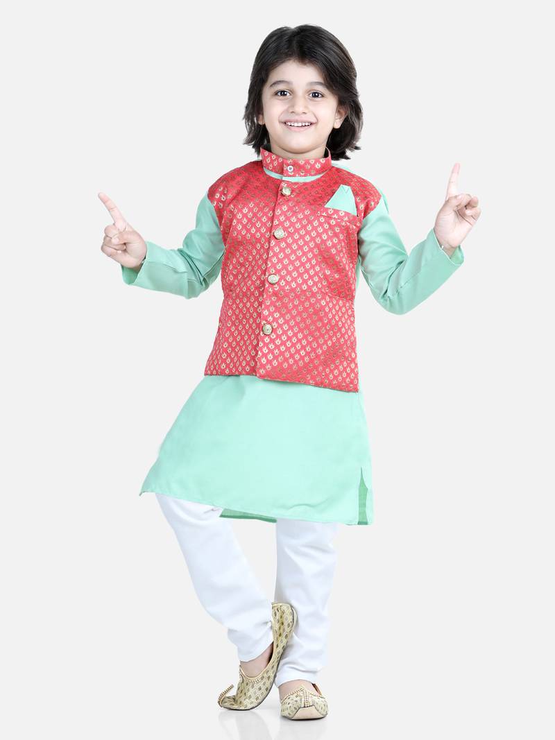 BownBee Attached Jacquard Jacket Kurta Pajama for Boys- Green