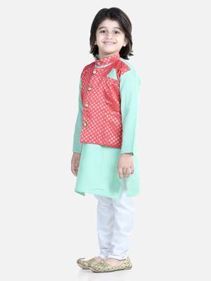 BownBee Attached Jacquard Jacket Kurta Pajama for Boys- Green 1