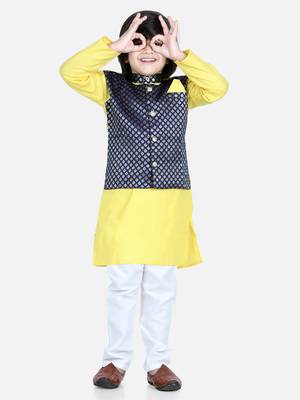 BownBee Attached Jacquard Jacket Kurta Pajama for Boys- Yellow 1