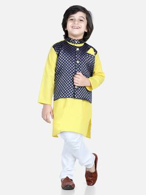 BownBee Attached Jacquard Jacket Kurta Pajama for Boys- Yellow 2