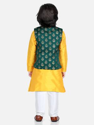 BownBee 3 Piece Jacquard Jacket Silk Kurta Pajama for Boys-Green 2