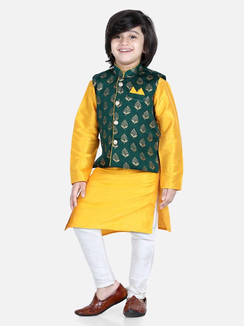 BownBee 3 Piece Jacquard Jacket Silk Kurta Pajama for Boys-Green