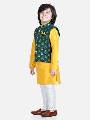 BownBee 3 Piece Jacquard Jacket Silk Kurta Pajama for Boys-Green 1